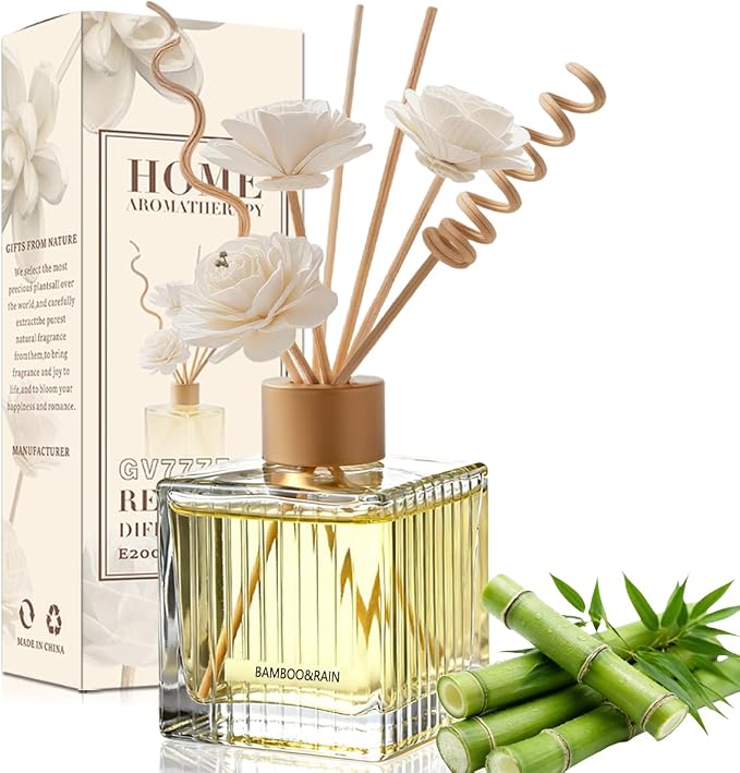 Bamboo Rain Reed Diffuser - 6.7 oz Glass Bottle with 4 Rattan Sticks, 3 Dried Flowers | Adjustable, Long-Lasting Scent for Home, Bedroom, Living Room, Office, Bathroom | Aromatherapy Gift