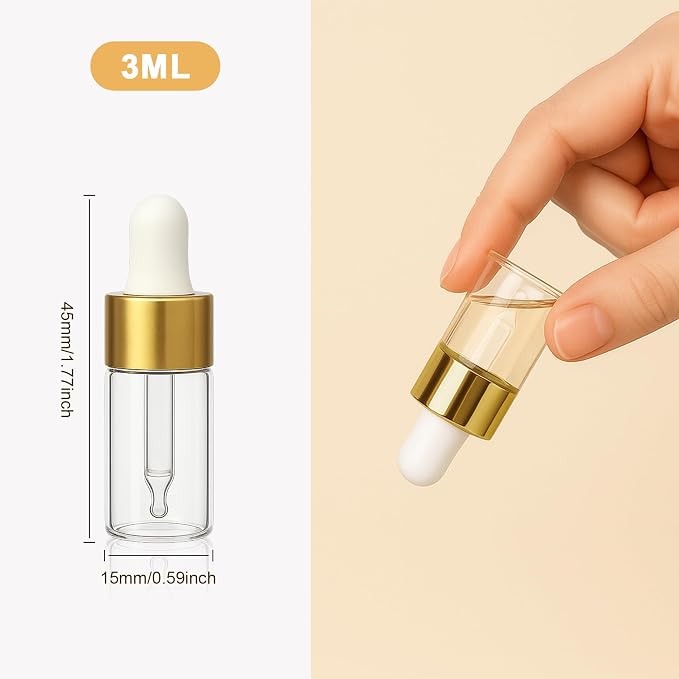 10pcs Mini Glass Dropper Bottle for Essential Oil,1ml Small Clear Sample Dropper Vails with Gold Cap,Perfume Cosmetic Liquid Containers for Traveling (3ml, 10)