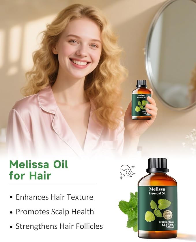 Melissa Essential Oil, Pure Melissa Oil Mumianhua Lemon Balm Oil, Uplifting Citrus-Herb Scent for Diffuser, Skin, Hair & Personal Care, 3.38 Fl Oz