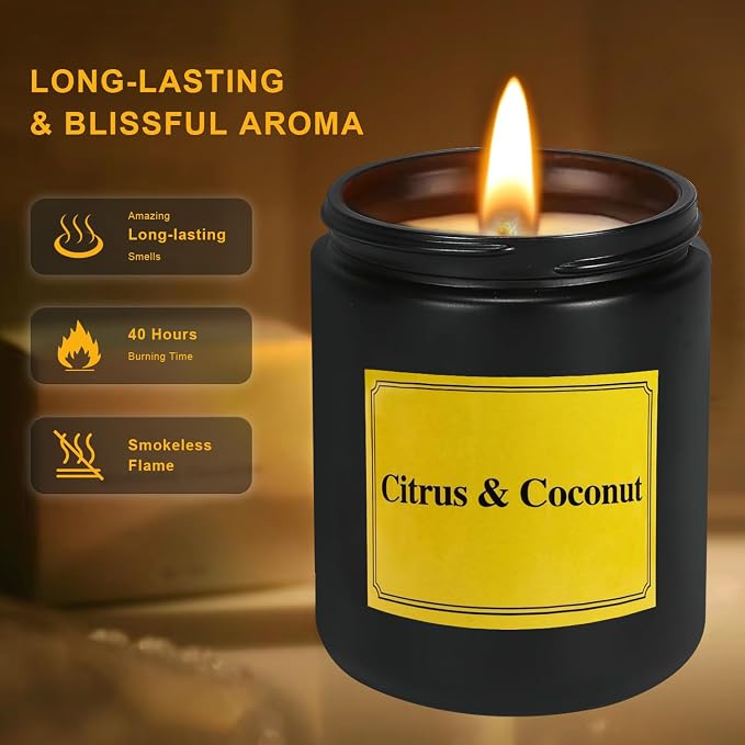 Citrus Coconut Scented Candle, Candles for Home Scented, Natural Soy Wax Candles, 7 oz Jar Candle, 40 Hours