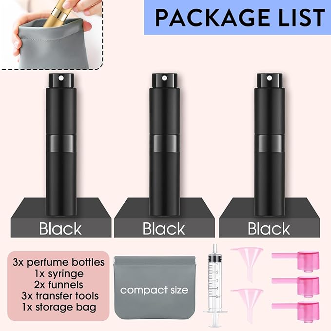 3 Pack 8ML Empty Cologne Travel Spray Bottle Perfume Atomizer for Refill Portable Cologne Dispenser Mini Sprayer for Women Twist Tpye