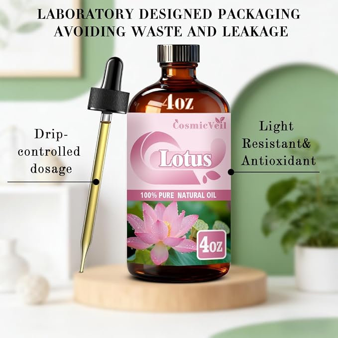 Lotus Essential Oil Lotus Oil for Aroma Diffuser,Humidifier,Home Fragrance,Cleaning,Body Care,Massage,Yoga,DIY Candle,DIY Soap CosmicVeil（Lotus，4 Fl Oz (Pack of 1)）
