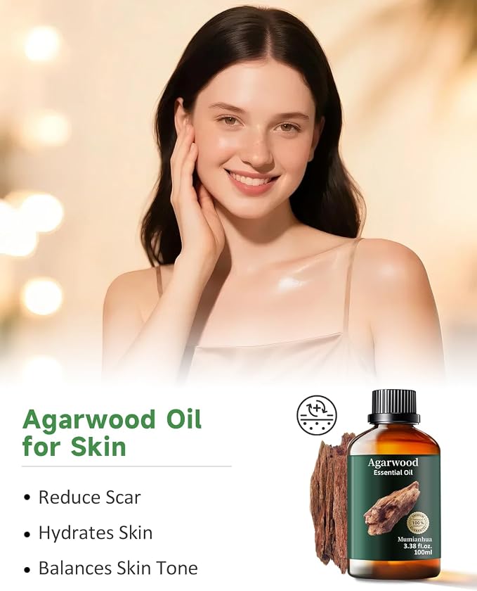 Agarwood Essential Oil, Pure Mumianhua Oud Oil for Meditation & Evening Grounding, Luxurious Woody Aroma for Diffuser, Perfume, Skin, Hair, Candle & Soap Making – 3.38 Fl Oz