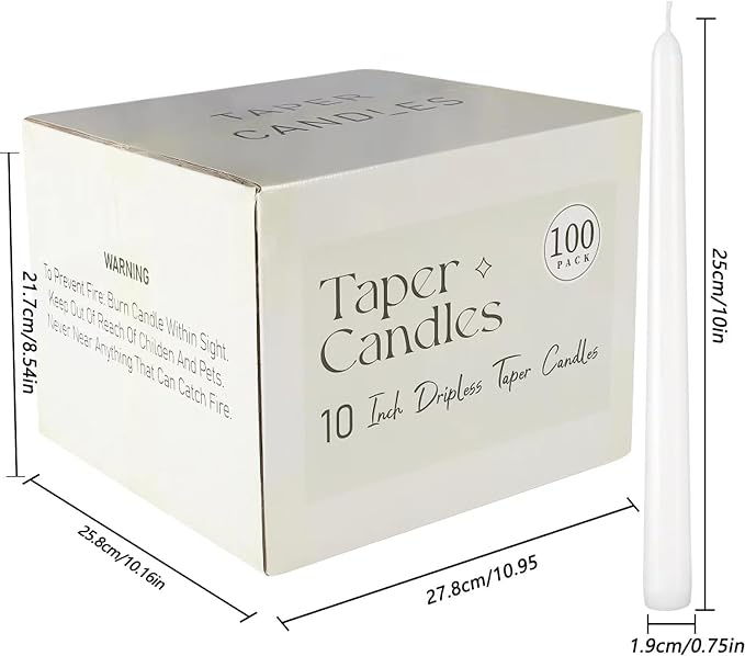 YOROXRG 100Pack White Taper Candles, 7-8 Hours Burn Time, Unscented, Smokeless and Dripless, 0.75 x 10 Inch Dinner Candle Set for Household, Wedding, Party and Home Décor Candlesticks