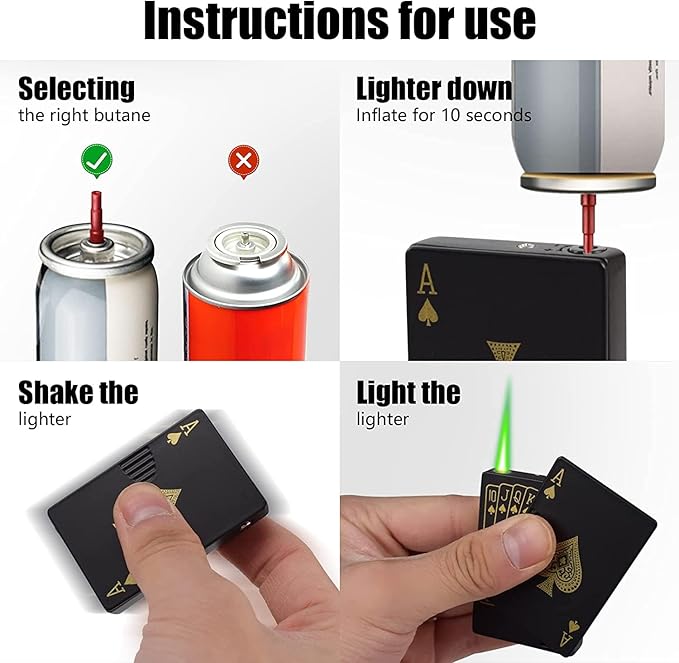 Jet Torch Lighter, Green Flame Ace Card Lighter, Metal Poker Design Windproof Refillable Butane Cool Lighter, Outdoor, Indoor, Camping, BBQ, Candle, Birthday, Gift for Men/Women (Without Gas)