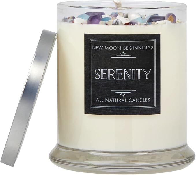 Lavender Chamomile Candle by New Moon Beginnings - Calming Energy Candle - Crystal Candle & Herb Candle - Aromatherapy Candle - Essential Oil Candle (12 Ounce Round Glass)