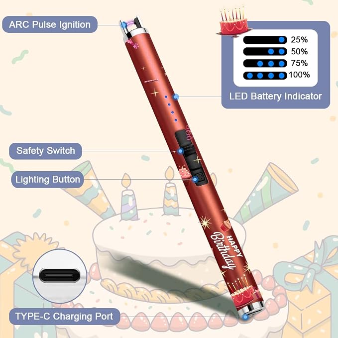 SUPRUS Candle Arc USB Lighter Electric Lighter with Upgraded LED Battery Display Safety Switch Rechargeable Flameless Plasma Windproof Portable for Birthday (Birthday Red)