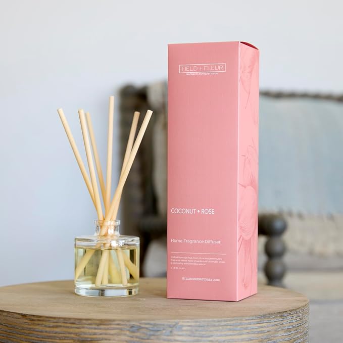 Field + Fleur - Reed Diffuser Set - Home Fragrance Diffuser - Refresh Home, Bedrooms, Bathrooms & More - Notes of Florals, Citrus, Jasmine, Vanilla & Coconut -Made in the USA -Coconut Rose Scent -4 oz