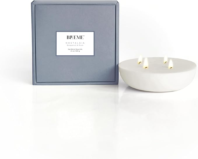 Blueme Nostalgia Candle Refill | Bergamot & Musk | 4 Wick - Contains Essential Oil, Sustainable, Hand Finished, Hand Poured, Luxury Refill, Natural Cotton Wick, Soy-Wax Blend | Large 24 oz
