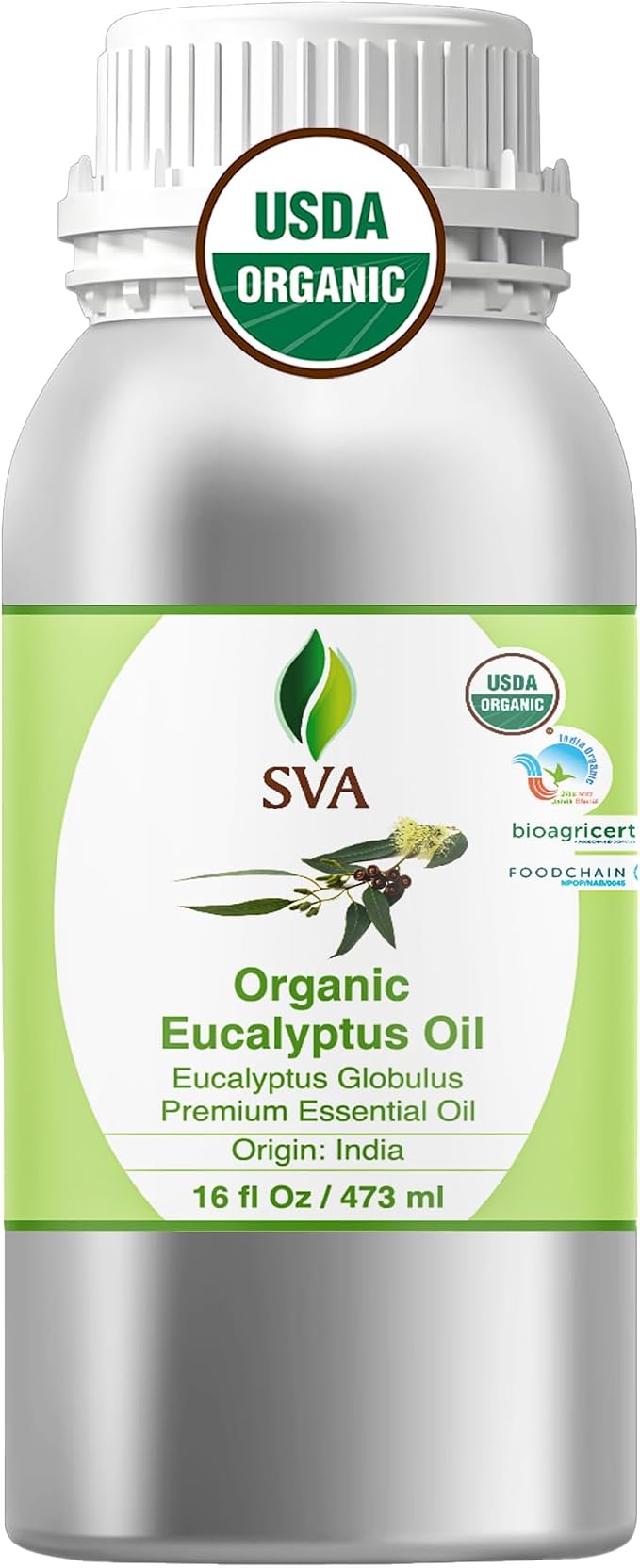 SVA Eucalyptus Essential Oil Organic – 16 Fl Oz – 100% Natural Organic Eucalyptus Oil for Hair, Face, Skin Care, Diffuser, Aromatherapy, Scalp, Body Massage, Soap and Candle Making