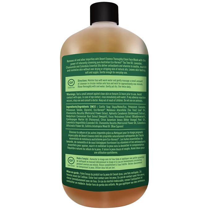 Desert Essence Tea Tree Face Wash 32 fl oz - Facial Cleanser with Natural Tea Tree Oil for Daily Use - Gentle Castile Formula for Sensitive and Oily Skin - Vegan and Cruelty-Free