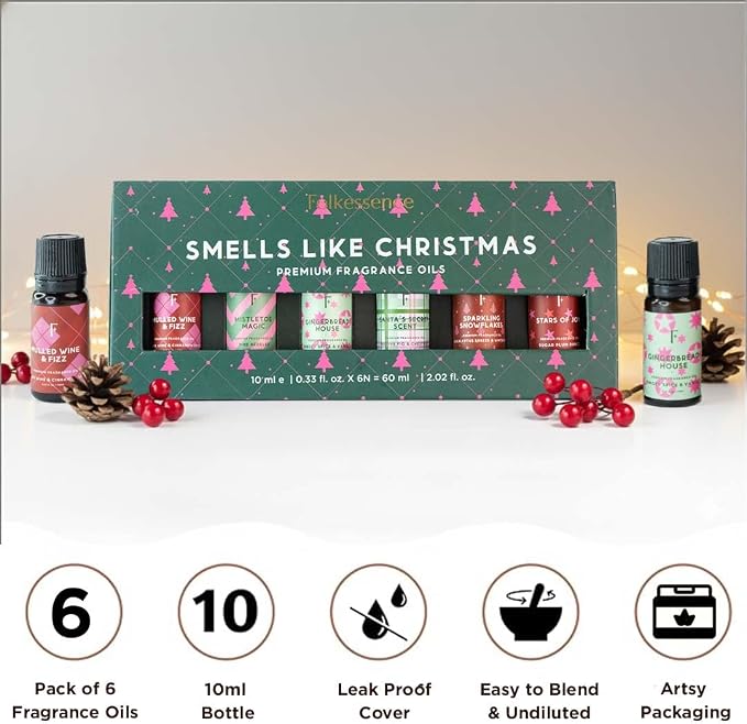Folkulture Christmas Essential Oils for Diffuser for Home|Set of 6-2 Fl Oz | Fragrance Oils - Christmas Scents|Vanilla, Cinnamon, Pine & Eucalyptus | Gifts for Women
