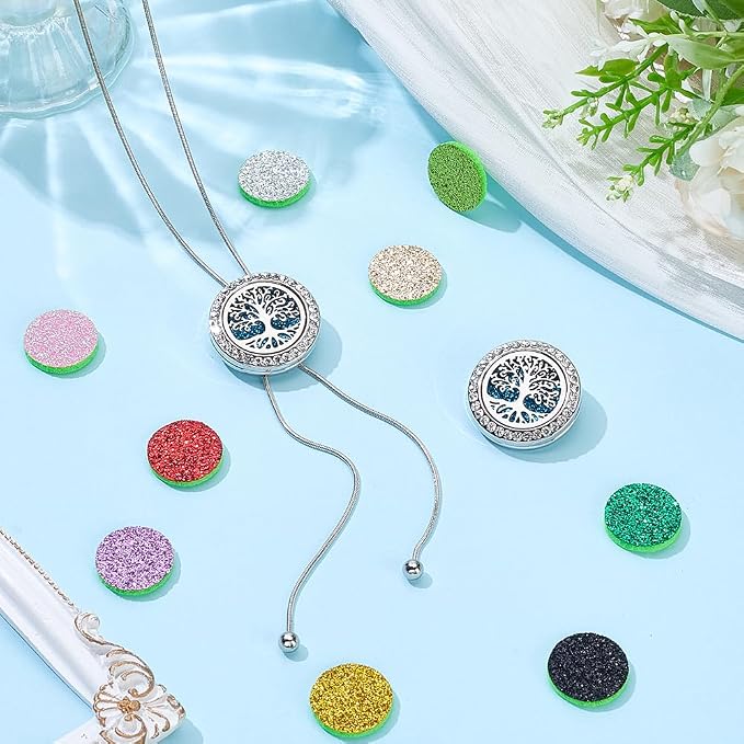 SUNNYCLUE 1Pc Essential Oil Necklace 1Pc Aromatherapy Diffuser Brooch with 10Pcs Refill Pads Set Tree of Life Round Hollow Metal Oil Diffuser Locket Pendants for Women Men Birthday Gifts Yoga Jewelry