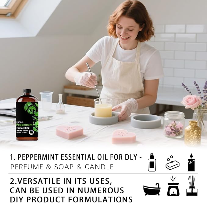 Peppermint Essential Oil, Peppermint Oil 16 Fl Oz 480 ML for Diffuser Humidifier Yoga Cleaning DIY Candle Soap Making Perfume Gift Essential Oils FRAOIL (Peppermint 16 Fl Oz (Pack of 1))