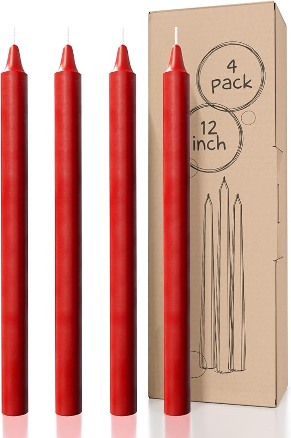 CANDWAX Red Taper Candles Pack of 4 - Slow Burning Dripless Unscented Straight Candles 12 inch - Ideal for Dinner Table - Smokeless Long Candlesticks