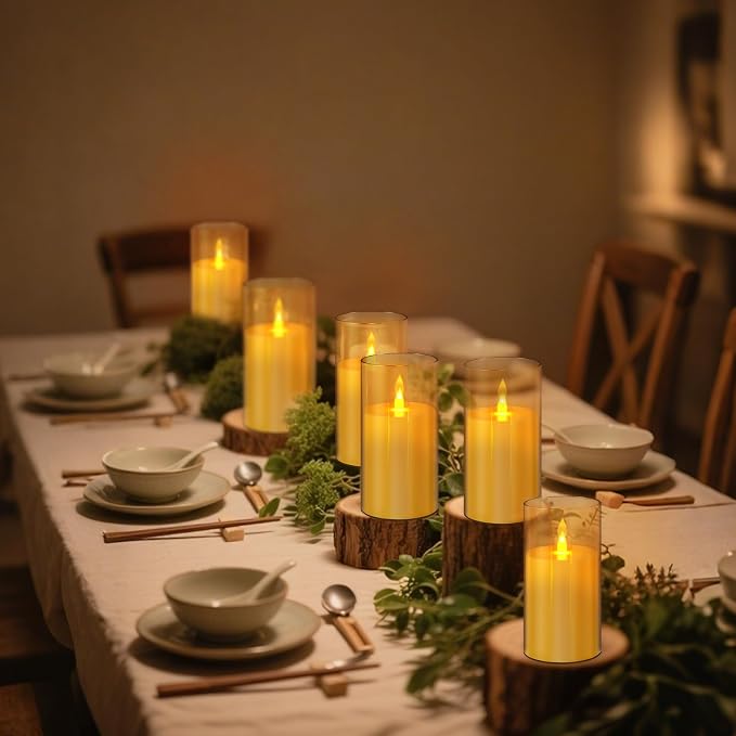 wemarry Flameless Candles Acrylic Glass Pillars 3" D x 6" H Battery Operated Flickering Candles Include 8-Key Remote with Timer Function 400+ Hours (Amber, Warm Light 2 Pack)