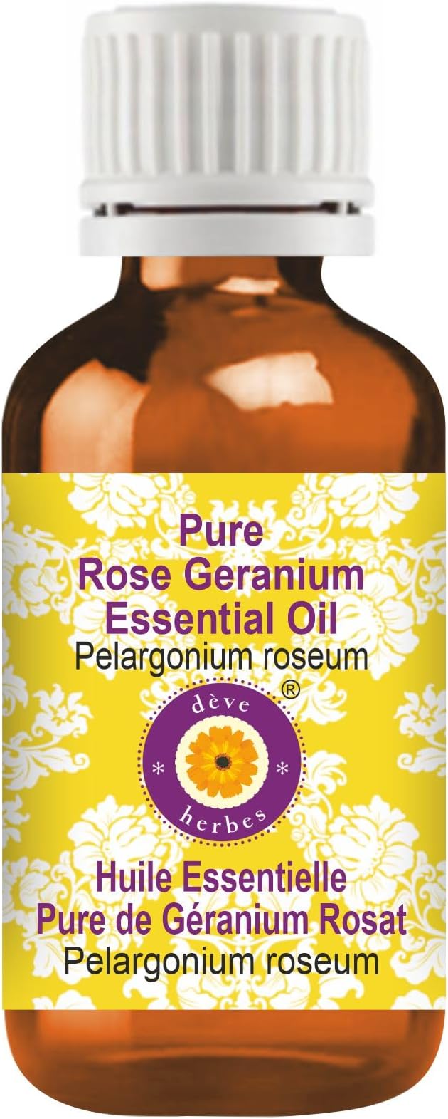 Deve Herbes Pure Rose Geranium Essential Oil (Pelargonium roseum) Steam Distilled 15ml (0.50 oz)