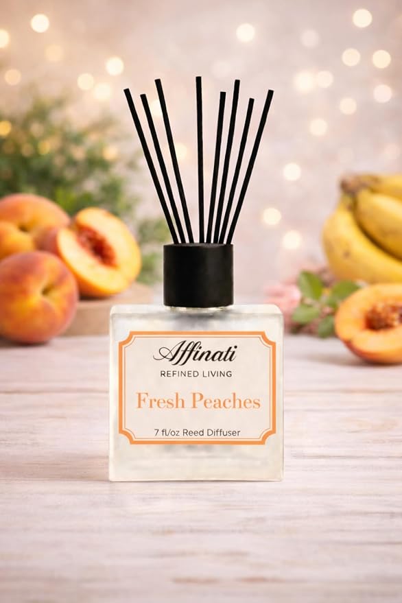 Affinati Fresh Peaches Reed Diffuser – 7.0 fl oz Home Fragrance Diffuser with 8 Reeds – Long Lasting Flame Free Room Fragrance for Bedroom, Bathroom, Office & Living Room