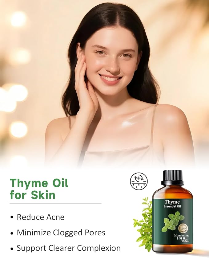 Thyme Essential Oil, Pure Mumianhua Natural Outdoor Shield & Barrier Spray, Herbaceous Aroma for Patio, Garden, Camping, Air Purifying Diffuser, Skin & Hair – 3.38 Fl Oz