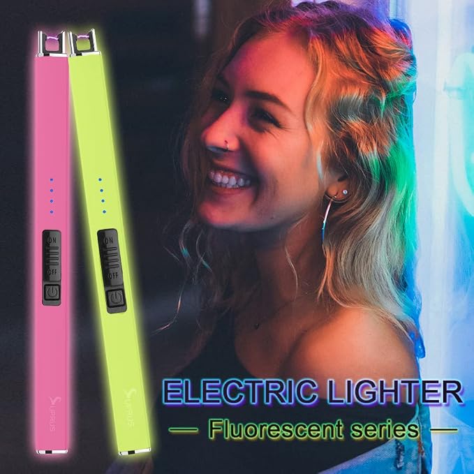 SUPRUS Fluorescent Lighter Glows in The Dark Electric Lighter Candle Lighter Rechargeable USB Arc lighters with Safety Lock Windproof Flameless Plasma for Candle BBQ Camping (Green)