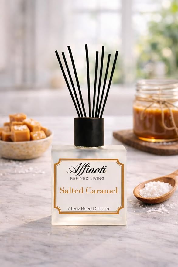 Affinati Salted Caramel Reed Diffuser – 7.0 fl oz Home Fragrance Diffuser with 8 Reeds – Long Lasting Flame Free Room Fragrance for Bedroom, Bathroom, Office & Living Room