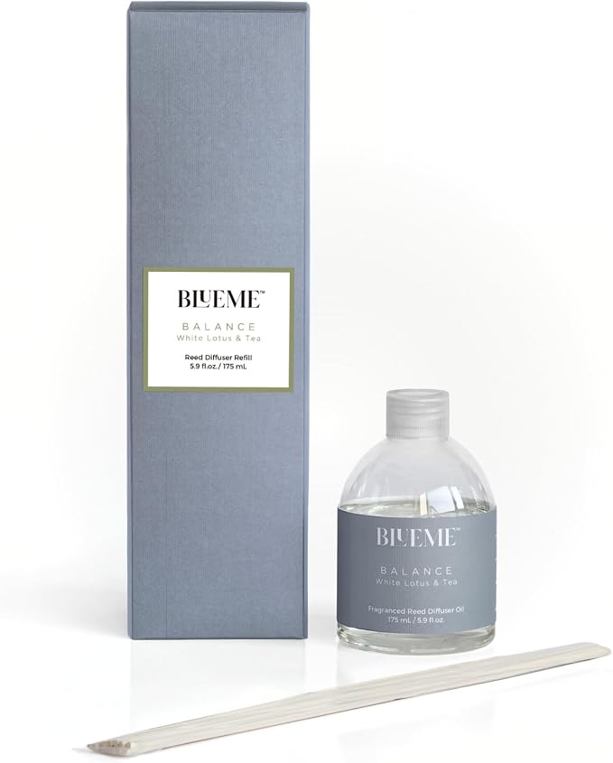 Blueme Balance Wellness Diffuser Oil Refill | White Lotus & Tea | 5.92 Fl Oz - Refillable Diffuser, Essential Oils, Ceramic, Rattan Reeds | Small