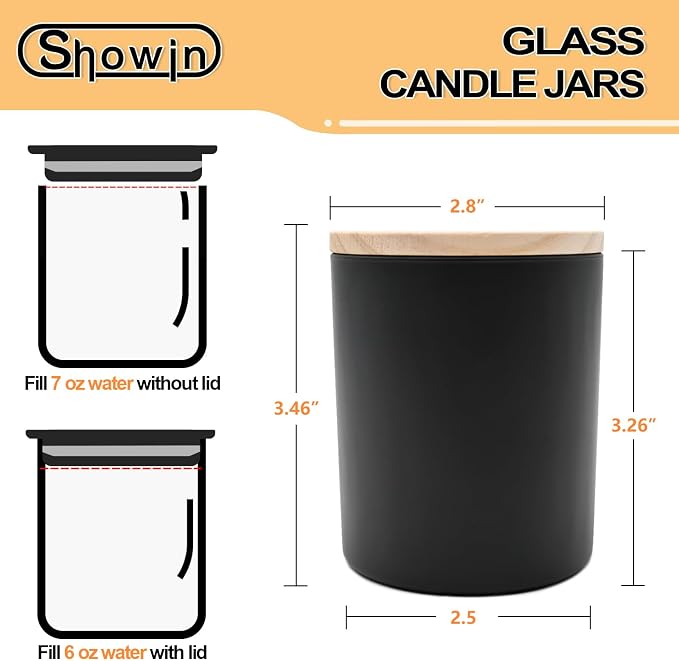 SHOWIN Thick Candle Jars for Making Candles 16 Pcs, 7 OZ Empty Jars with Wood Lids for Candle Making, Sample Container, Matte Black