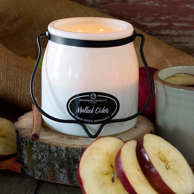 Milkhouse Candle Company Mulled Cider Soy Candle - Apple Cider | Cinnamon & Clove | Orange Zest Scented - 16 oz Butter Jar with Lid, 65+ Hour Burn Time, Made in the USA