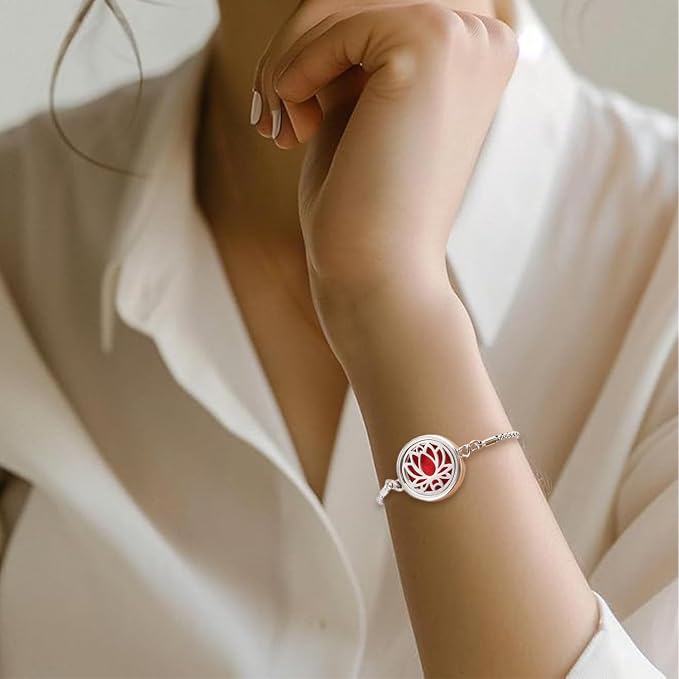 Essential Oil Diffuser Bracelet Aromatherapy Locket Adjustable Stainless Steel Lotus Bracelet with 10 Pcs Refill Pads for Women Girls