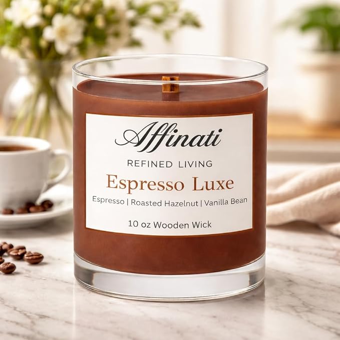 Affinati Espresso Luxe Scented Candle, 10 oz Wooden Wick Tumbler Jar – Highly Fragrant Rich Coffee Bean Aromatherapy, Kitchen Soy Blend Gift
