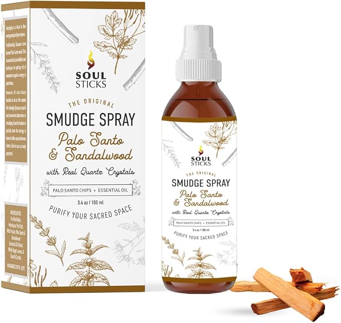 SOUL STICKS Palo Santo & Sandalwood Smudge Spray For Cleansing and Negative Energy | 3.5oz Palo Santo Spray with Real Quartz Crystals | Sage Room Spray for Spiritual Cleansing and Purifying Home Car