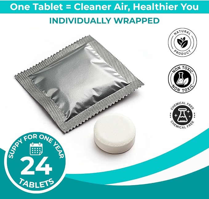 Skyis Humidifier Cleaning Tablets & Descaler 24 Pack, Removes Hard Water Scale, Mineral Deposits, White Dust, Demineralization Cleaner for Levoit, Vicks, Dyson, Dreo Humidifiers