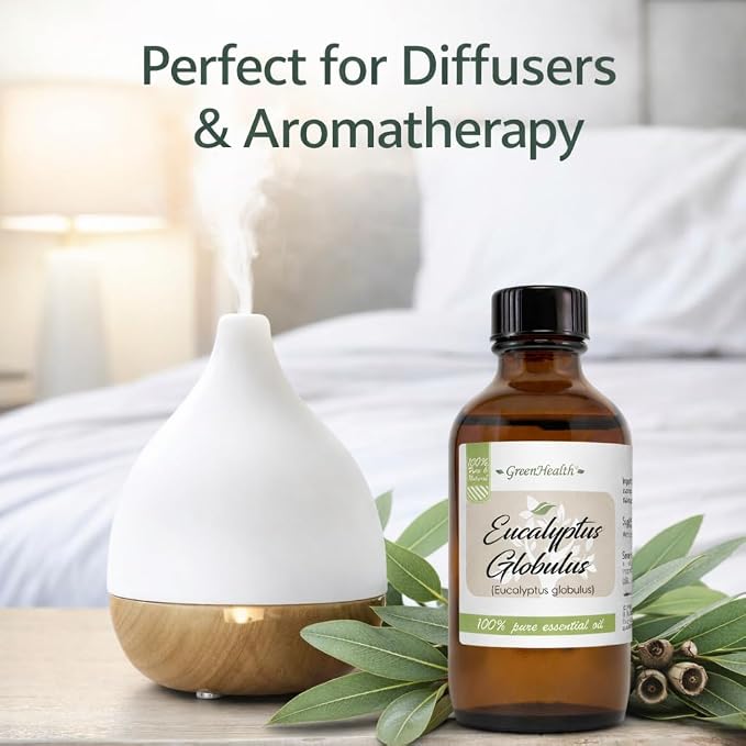 GreenHealth Eucalyptus Essential Oil 4 fl oz – 100% Pure & Natural – Aromatherapy Oil for Diffuser, Air Freshener, Cleaning, Home Fragrance – Therapeutic Grade – Large Value Size