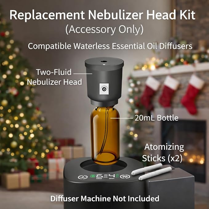 Replacement Nebulizer Head Kit for Waterless Essential Oil Diffuser, Includes 20mL (0.7 Fl Oz) Bottle + 2 Atomizing Sticks, Fine Mist Scent Accessory, Diffuser Machine Not Included