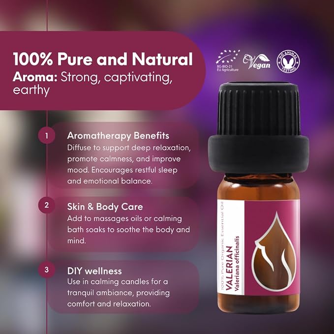 Essences Bulgaria Organic Valerian Essential Oil 0.17 Fl Oz | 5ml | Valeriana officinalis | 100% Pure and Natural | for Good Sleep, Relaxation | Aromatherapy | Therapeutic Grade