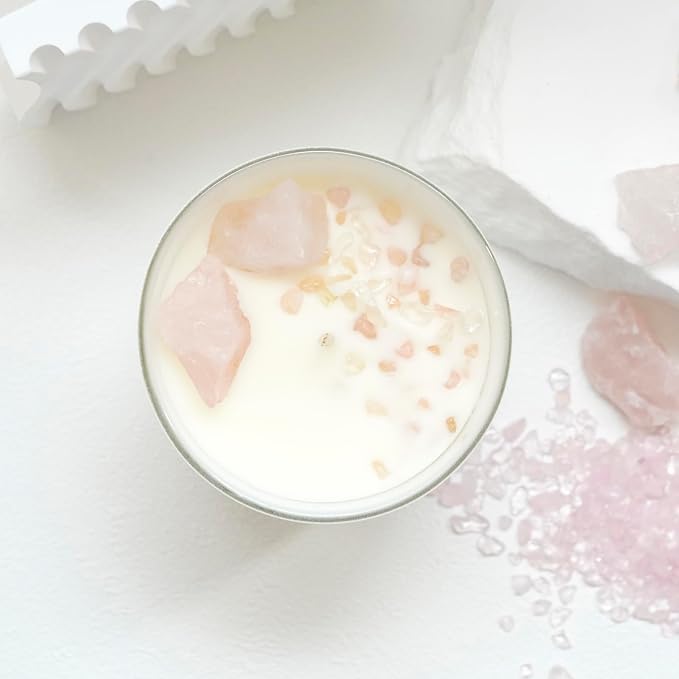 Rose Quartz Crystal Candle – 10oz / 280g | French Vanilla Aromatherapy | Hand-Poured Soy Wax | Genuine Rose Quartz Healing Crystals Embedded | Love, Spiritual & Purity | Gift Box Included