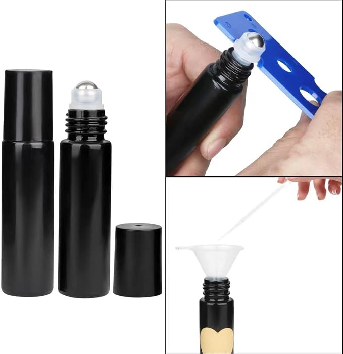 24-Pack 10ml Black Glass Roll-On Bottles with Stainless Steel Rollers, Refillable Roll-On Applicators for Essential Oils, Castor Oil, Aromatherapy, and Empty Deodorant Containers