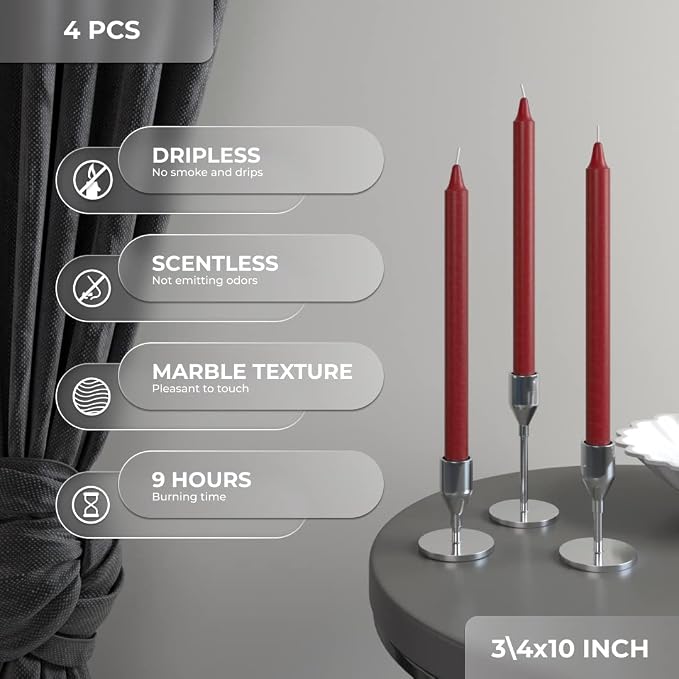 CANDWAX Bordeaux Taper Candles Pack of 4 - Slow Burning Dripless Unscented Straight Candles 10 inch - Ideal for Dinner Table - Smokeless Long Candlesticks