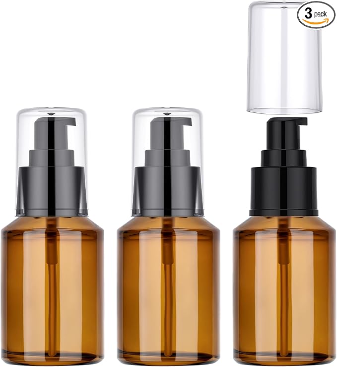Segbeauty 2oz Refillable Glass Travel Bottles for Toiletries, 3pcs Amber Lotion Pump Bottles Empty, 60ml Mini Travel Lotion Container, Small Liquids Container Bottle Pump Dispener for Creams Oils