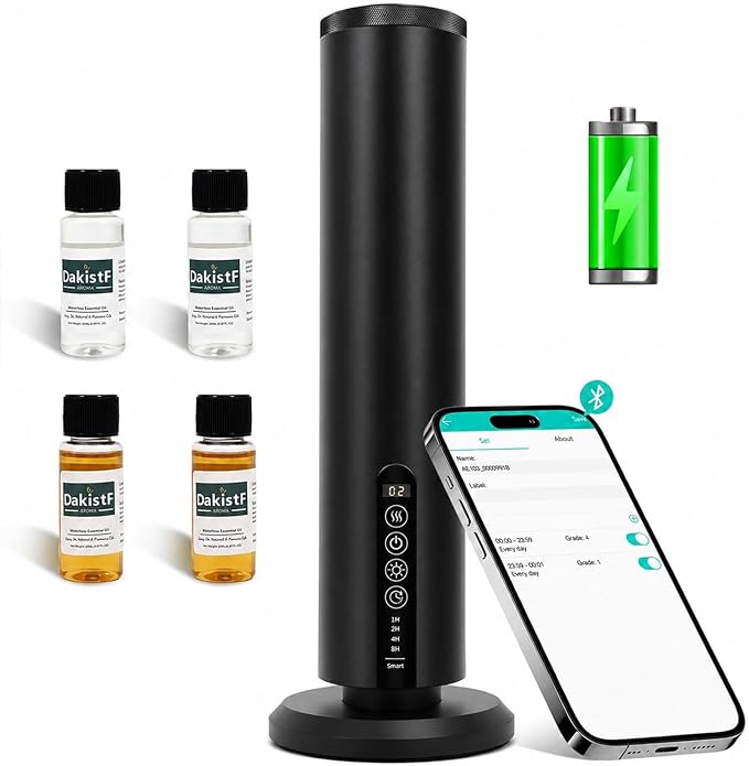 Hotel Waterless Scent Diffuser Starter Kit | 1500 Sq Ft Cold Air Essential Oil Diffuser with Bluetooth | Rechargeable Cordless Portable | Bedroom Office Home Spas | 4 X 20ml Hotel Essential Oil