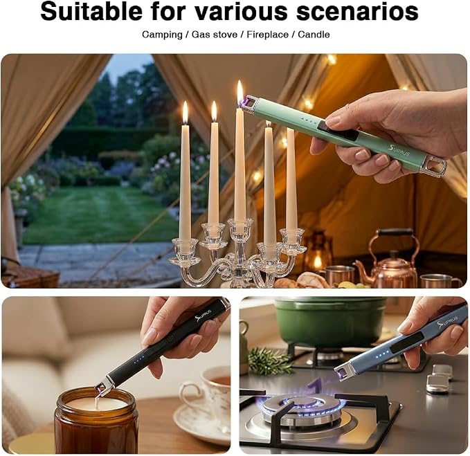 SUPRUS Candle Lighter Arc Electric Lighter Windproof Flameless with Safety Switch for Camping BBQ Birthday, Giftbox for Mom Wife Friend (Champagne Gold)