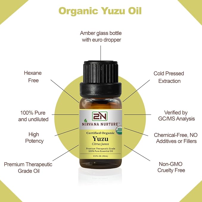 Yuzu Essential Oil, USDA Certified Organic, 100% Pure Undiluted, Aromatherapy Oil for Diffuser, Hair & Skin Care
