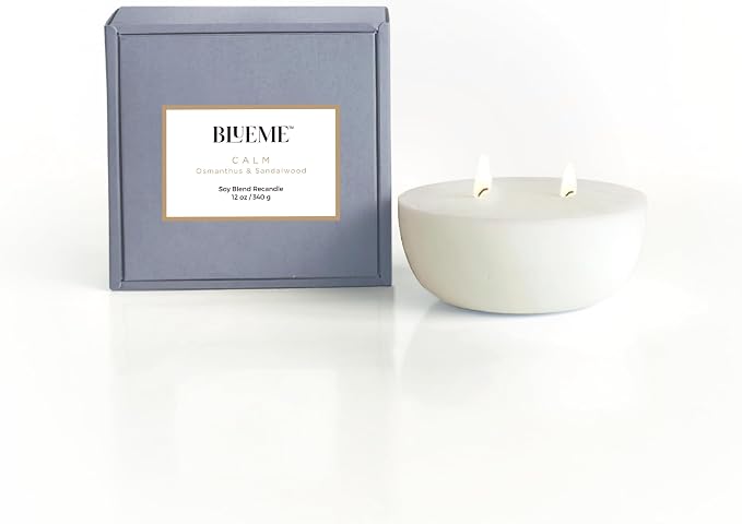 Blueme Calm Candle Refill | Osmanthus & Sandalwood | 2 Wick - Contains Essential Oil, Sustainable, Hand Finished, Hand Poured, Luxury Refill, Natural Cotton Wick, Soy-Wax Blend | Medium 12 oz