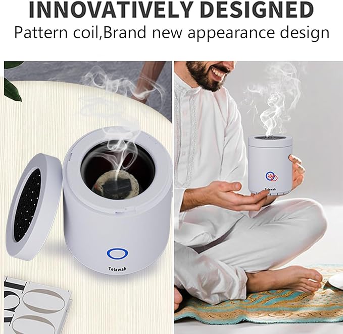 Portable Incense Burner, Mini USB Type-C Charging Car Aromatherapy Diffuser, 7.8 * 7.8 * 9.6cm Charcoal Igniter, Burning Time 120 Seconds Best Arabian Gift (White)