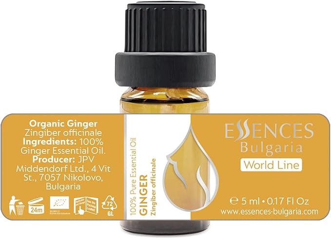 Essences Bulgaria Organic Ginger Essential Oil 0.17 Fl Oz 5ml Zingiber officinale - 100% Pure Natural Undiluted Therapeutic Grade Aromatherapy Oil for Diffuser Humidifier Lymphatic Drainage Massage