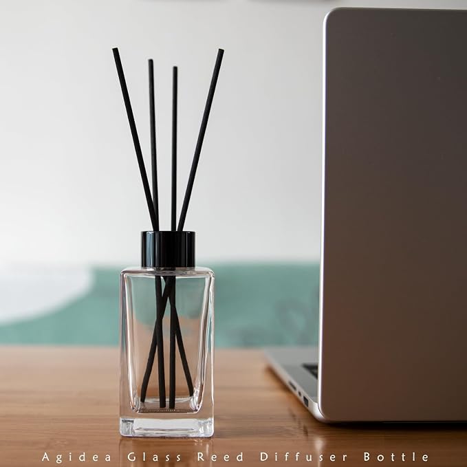 4PCS Empty Glass Fragrance Reed Diffuser Bottles, Refillable Diffuser Bottles with 20pcs Reeds Sticks & Black Caps & Funnel, Diffuser Jars for Home Oil Fragrance Decoration (100ML)