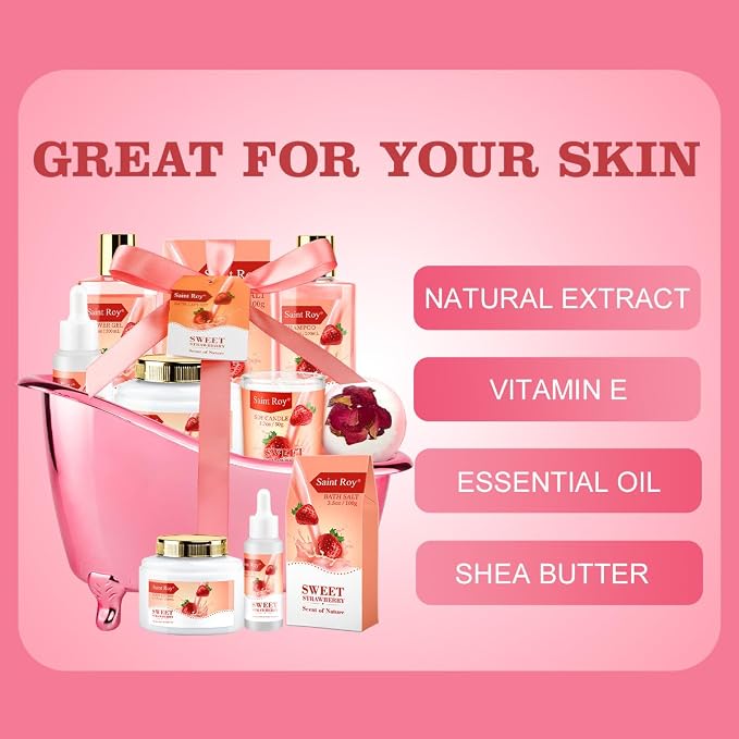 Spa Gift Basket, Spa Kit for Women, Bath & Body Gift Set, Home Spa Bath Gift Basket, Strawberry Scented Bath Set Christmas Gifts, Pamper Kit for Girls & Teens, Birthday Gift, Bath Self Care Gift