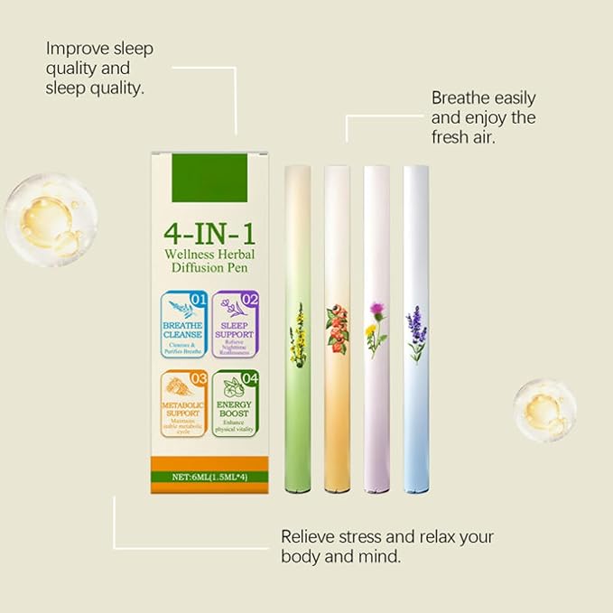 Mullein Herbal Diffuser Pen, Natural Aromatherapy Air Inhaler Stick with Mullein Thyme Mint, Four Aroma Variety Set,Air Freshening, Relaxed Feelings, Portable Pocket Size (4 Pack)