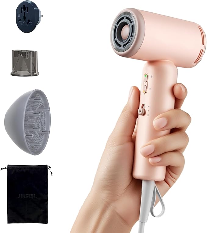 JIGGL High-Speed Dual-Voltage Mini Travel Hair Dryer with Magnetic Diffuser | As Small as a Phone,Negative Ionic,100-240V,Lightweight,Quiet,,European Plug Adapter,Curly Hair,International Travellers