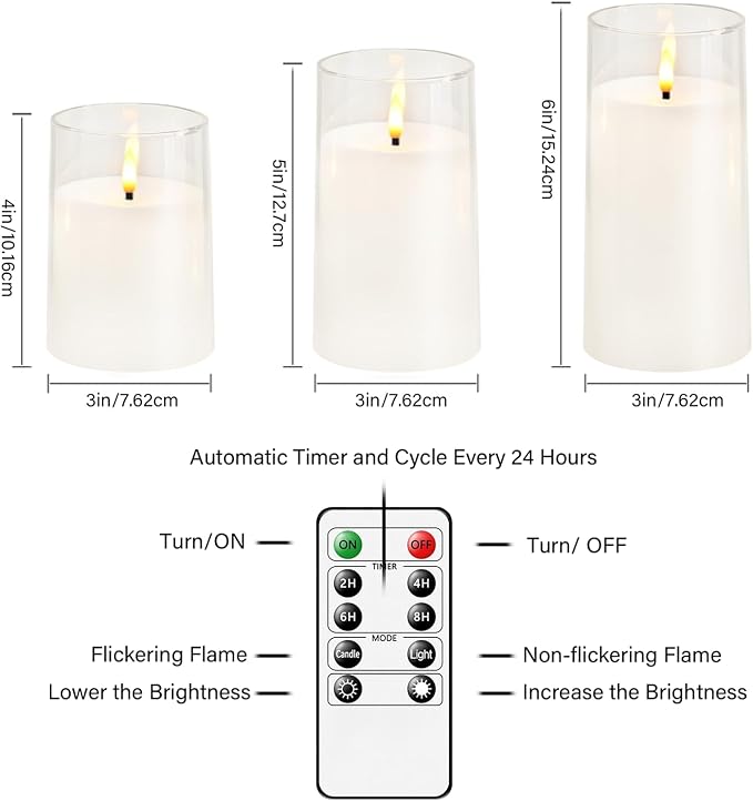 kakoya Flickering Flameless Candles Battery Operated with Remote and 2/4/6/8 H Timer Acrylic Led Pillar Candles Pack of 9 (D 3" xH 4" 5" 6") with Realistic 3D Wick Candles for Home Decor(White)